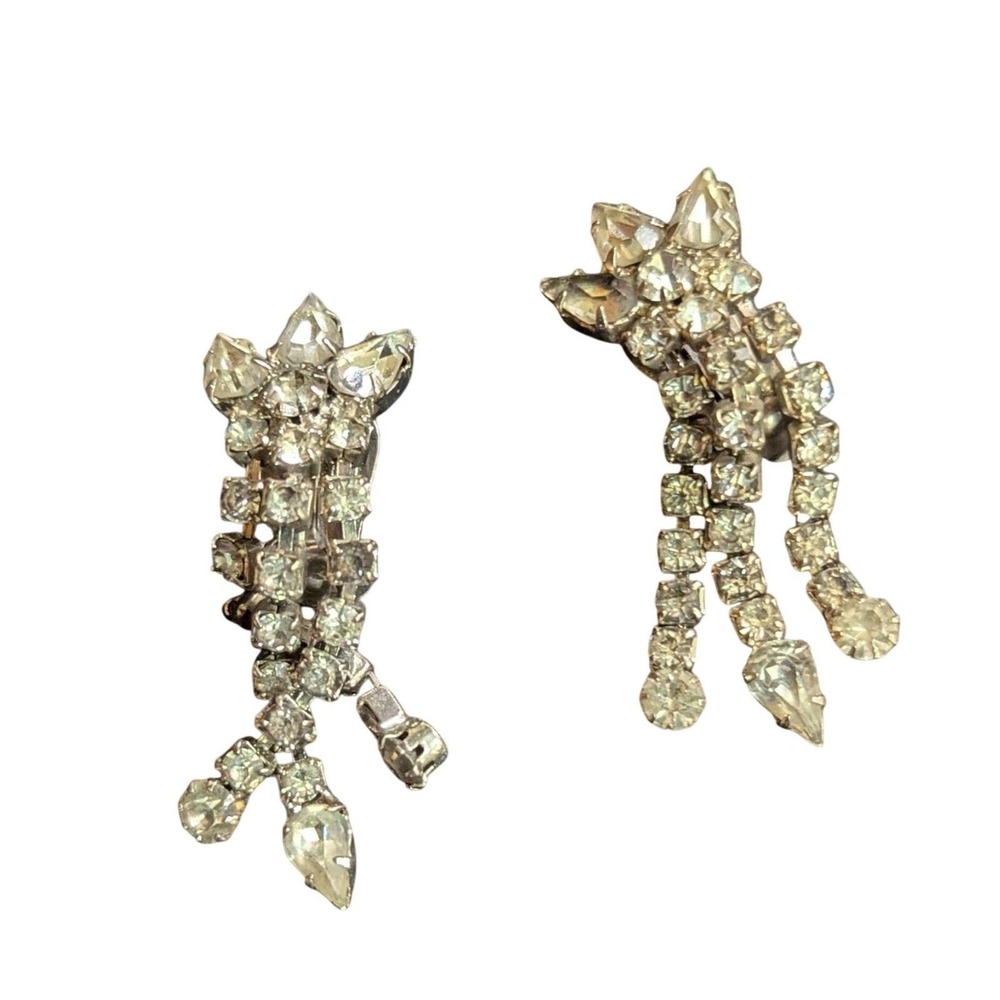Astra Vintage‎ Clear Rhinestone Waterfall Fringe Clip On Earrings Silver Tone